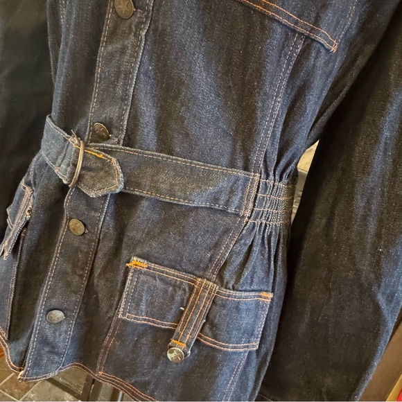 Vintage 70s RARE Longline Denim Jean Jacket Belted Orange Stitching Star Buttons - Picture 7 of 11